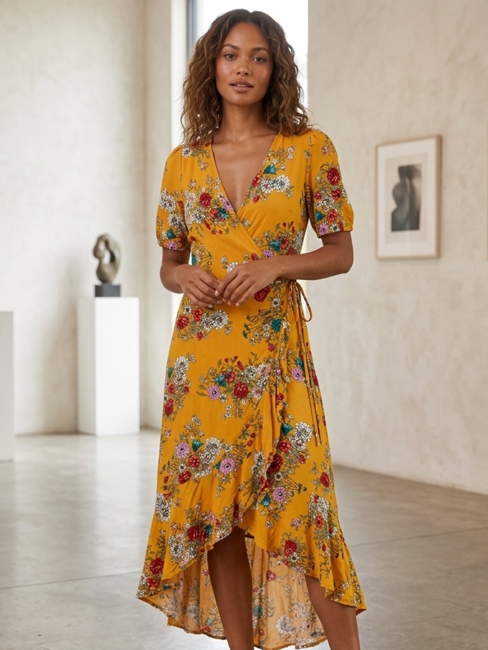 bleuh ciel Mustard Yellow Floral High-Low Wrap Dress